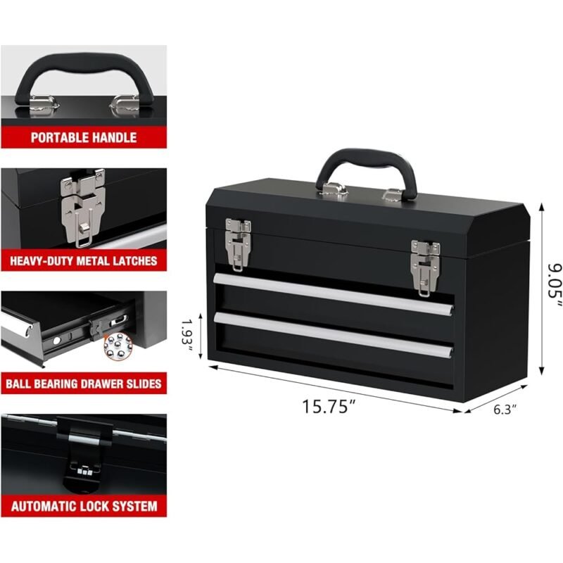 Caja de herramientas de metal portátil con 2 cajones de acero negro - Imagen 2