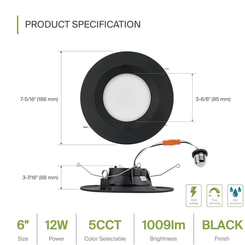 ASD Retrofit Iluminación LED Empotrable 6 Pulgadas Negro 12 W 1009 Lúmenes - Imagen 2