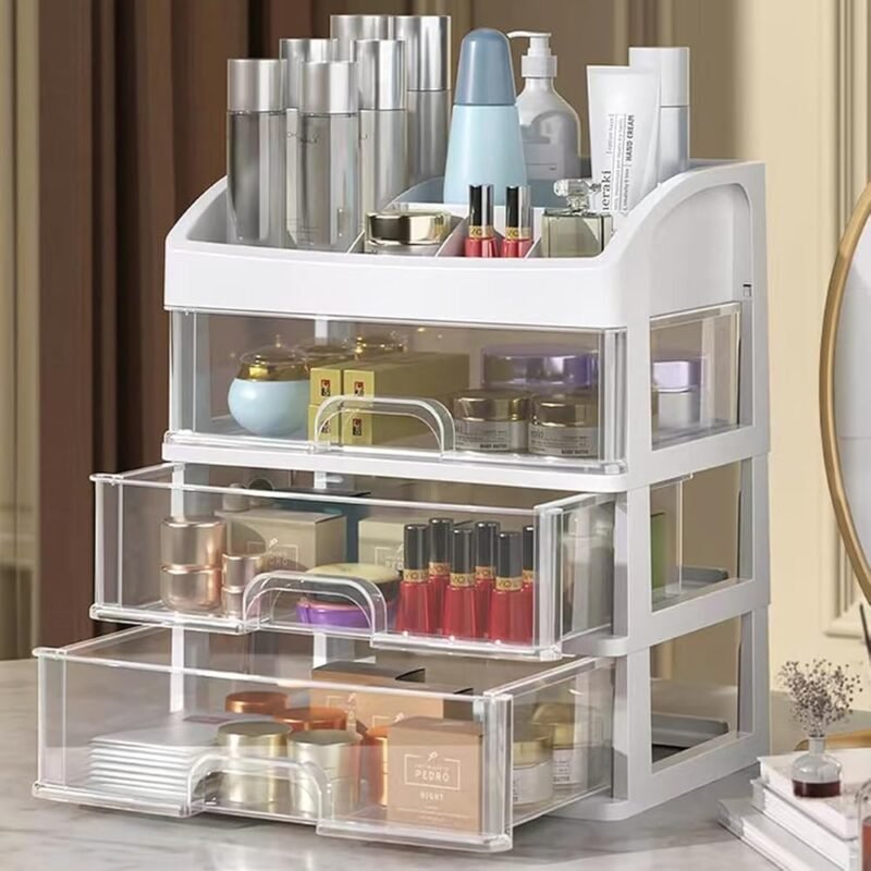 Organizador de maquillaje blanco con 3 cajones para cosméticos