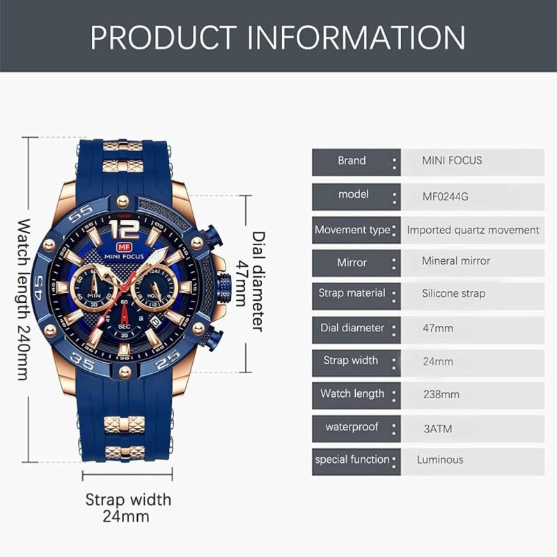 MF MINIFOCUS Reloj para Hombre Resistente al Agua Cronógrafo Azul - Imagen 6