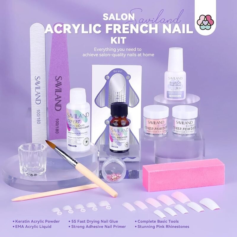 SAVILAND Kit de Uñas Acrílicas con Polvo de Queratina y Diseño Frances - Imagen 2