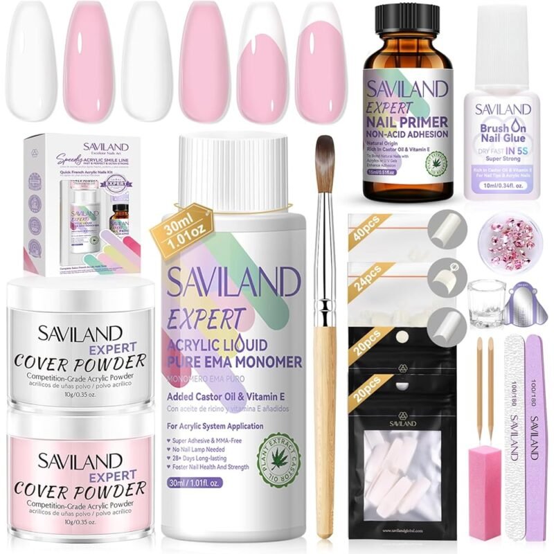 SAVILAND Kit de Uñas Acrílicas con Polvo de Queratina y Diseño Frances