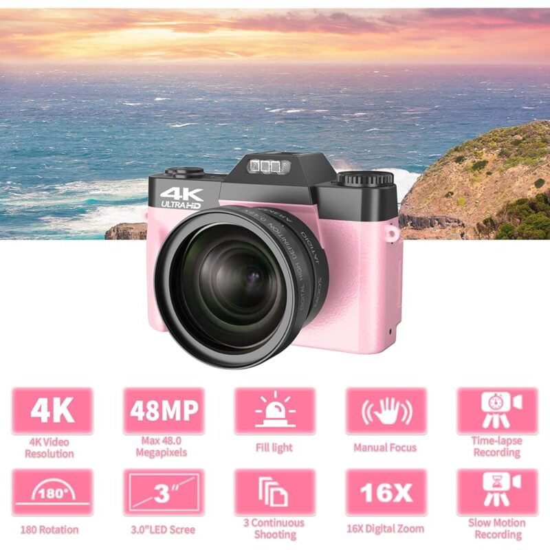 VETEK Cámara Digital 4K Videocámara de 48 MP y Zoom Digital 16X Rosa - Imagen 3