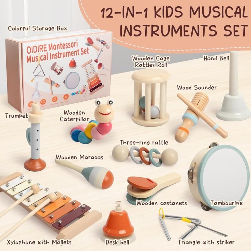 OIDIRE Instrumentos Musicales para Bebés Juguetes Montessori de Madera 12 en 1 - Imagen 2