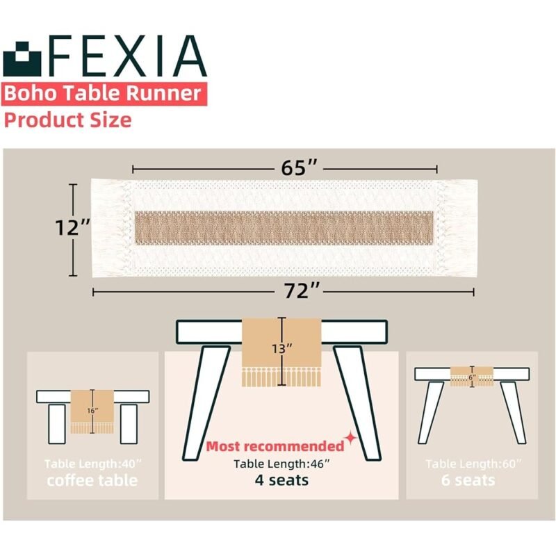 FEXIA Camino de Mesa Bohemio con Borlas 72 Pulgadas Decoración Hogar - Imagen 2