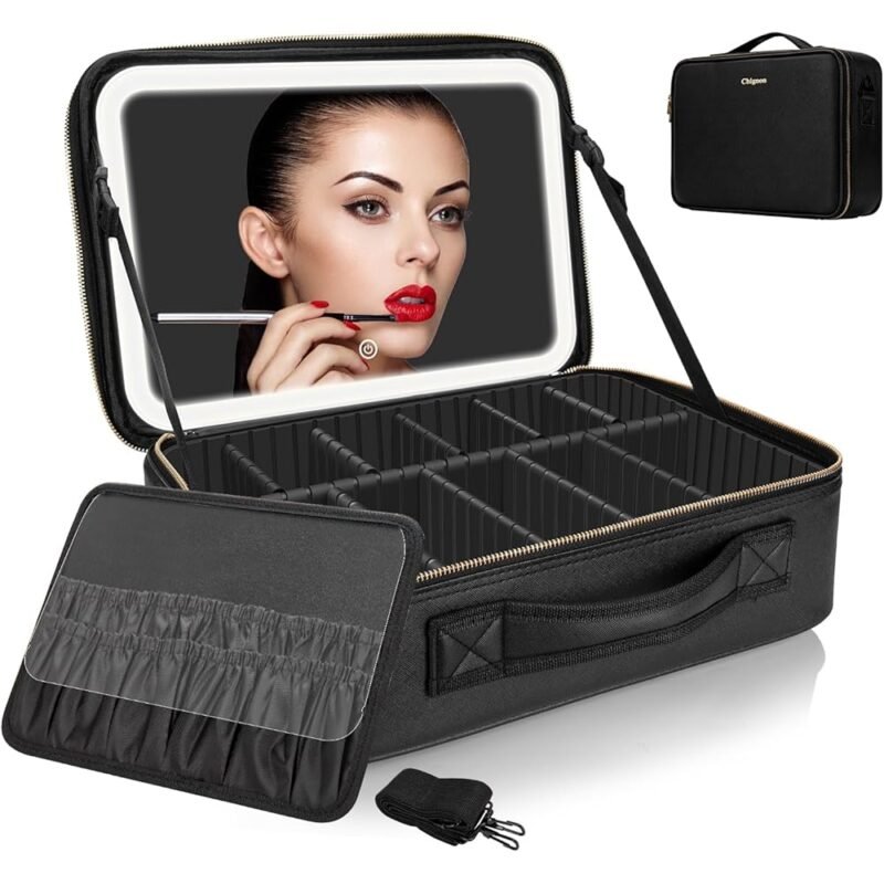 Estuche de Maquillaje Grande Negro con Espejo Iluminado y Luz LED