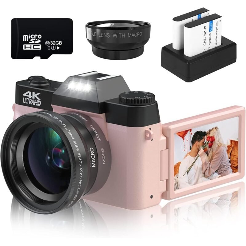 VETEK Cámara Digital 4K Videocámara de 48 MP y Zoom Digital 16X Rosa