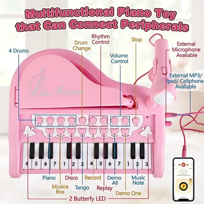 Juguetes de Piano para Niñas 24 Teclas con Micrófono y Notas Musicales - Imagen 5