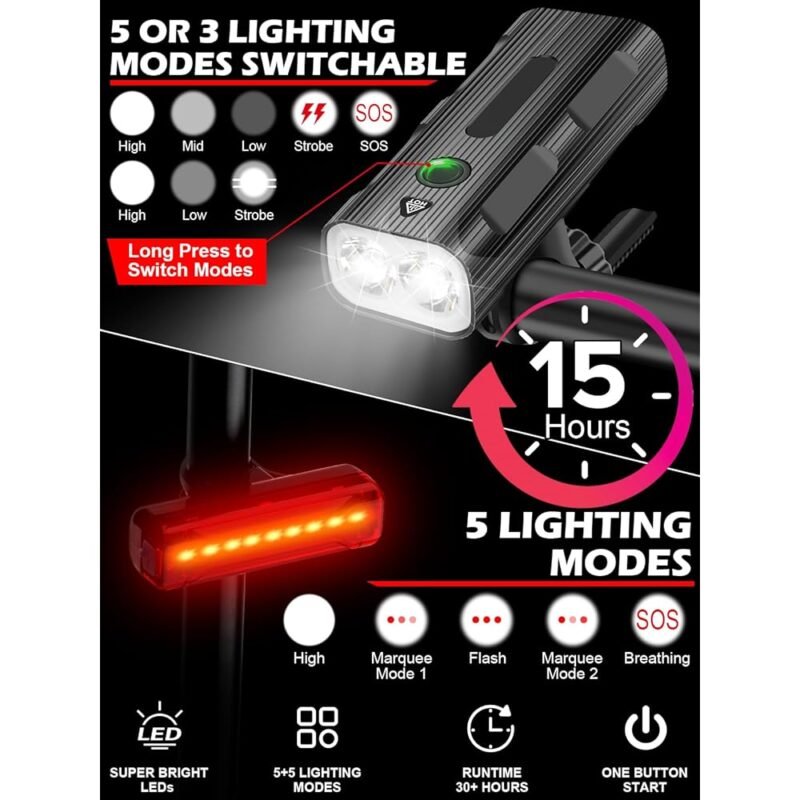 iKirkLiten Juego de Luces LED Recargables para Bicicleta 1500 Lúmenes - Imagen 3