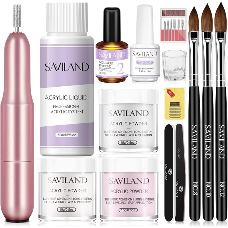 SAVILAND Kit de uñas acrílicas para principiantes con taladro y pinceles