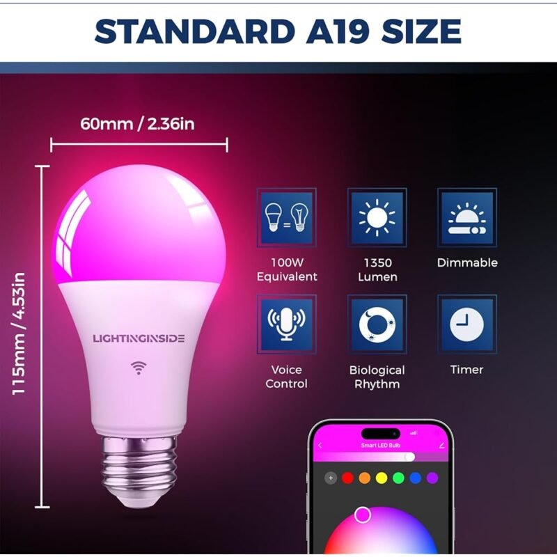 Lightinginside Bombilla Inteligente WiFi 100W 1350Lm E26 RGB y Control de Voz - Imagen 4