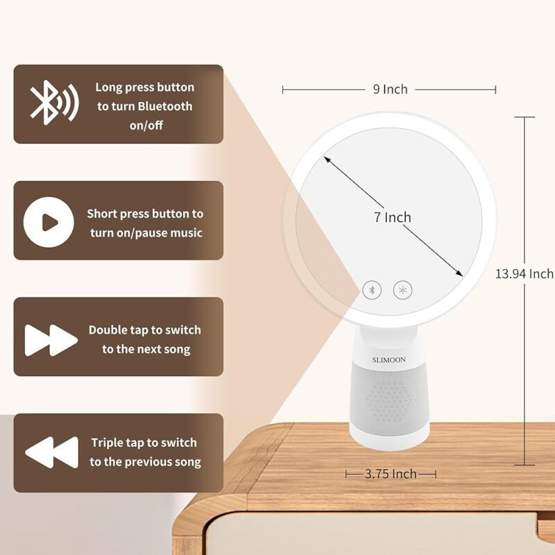 SLIMOON Espejo de Tocador de 9 Pulgadas con Luces y Altavoz Bluetooth - Imagen 5