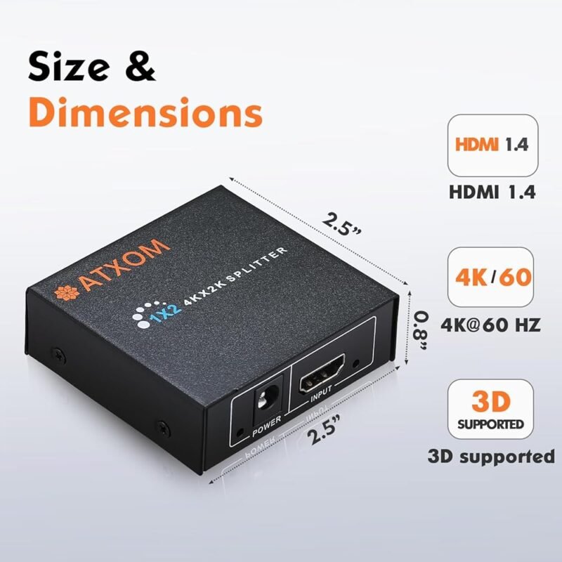 ATXOM Divisor HDMI 1 en 2 salidas hasta 4K 60Hz para pantallas duplicadas - Imagen 6