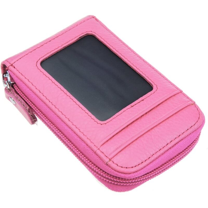 DEEZOMO DKER Cartera Compacta de Piel Auténtica Rosa con Bloqueo RFID