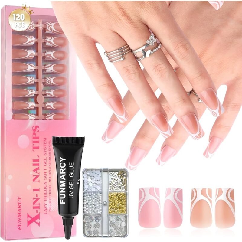 Funmarcy French Gel X Coat Kit de Puntas de Uñas y Pegamento 5 en 1