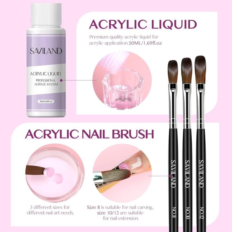 SAVILAND Kit de uñas acrílicas para principiantes con taladro y pinceles - Imagen 6