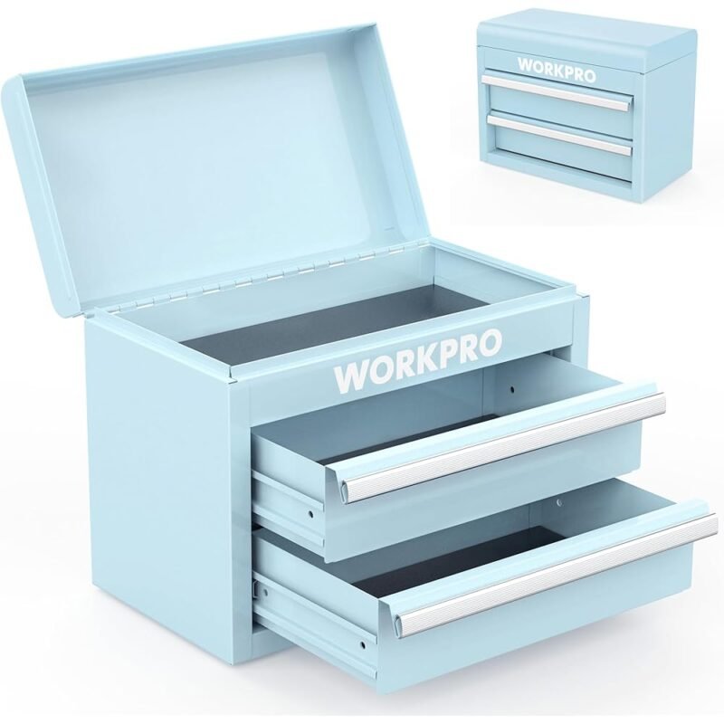 WORKPRO Mini Caja de Herramientas de Metal con 2 Cajones y Almacenamiento Superior