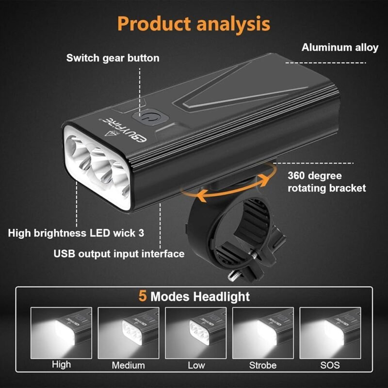 EBUYFIRE Luces LED de bicicleta 3000 LM faro y luz trasera recargables - Imagen 3