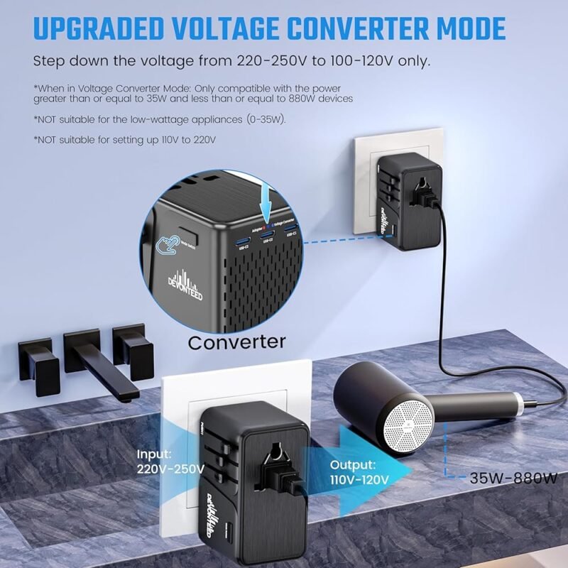 DEVONTEED Convertidor de Voltaje de 220 V a 110 V con 3 USB C - Imagen 2