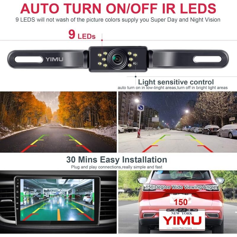 YIMU Cámara de Respaldo para Automóvil Con Visión Nocturna y LED - Imagen 5