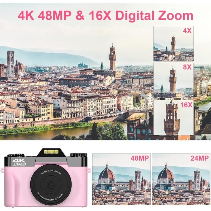 VETEK Cámara Digital 4K Videocámara de 48 MP y Zoom Digital 16X Rosa - Imagen 2