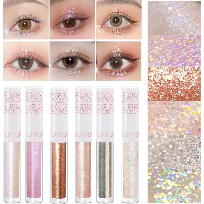 SUSIKEKI Sombra de ojos líquida con purpurina 6 piezas para maquillaje brillante