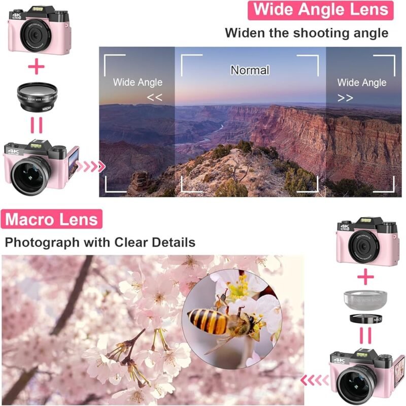 VETEK Cámara Digital 4K Videocámara de 48 MP y Zoom Digital 16X Rosa - Imagen 6