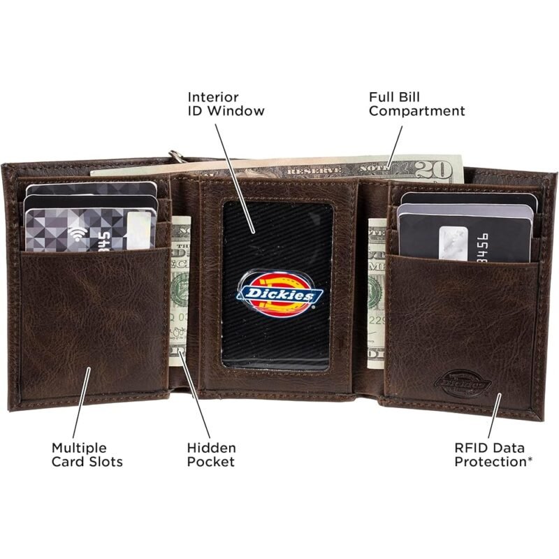 Dickies Cartera de Doblez Triple para Hombre con Ventana de Identificación Café Oscuro - Imagen 5