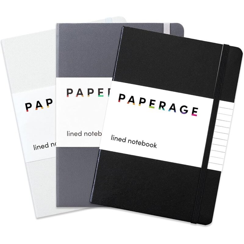 PAPERAGE Paquete de 3 Cuadernos de Tapa Dura en Negro Gris y Blanco