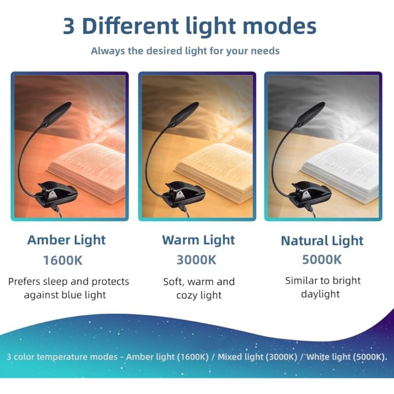 Luz de Libro Ámbar Recargable con 7 LED para Leer en la Cama - Image 4